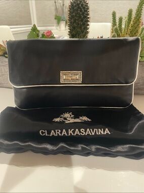 Clara Kasavina Black Leather Evening Clutch Crystal Clasp & Dust Bag - NWOT